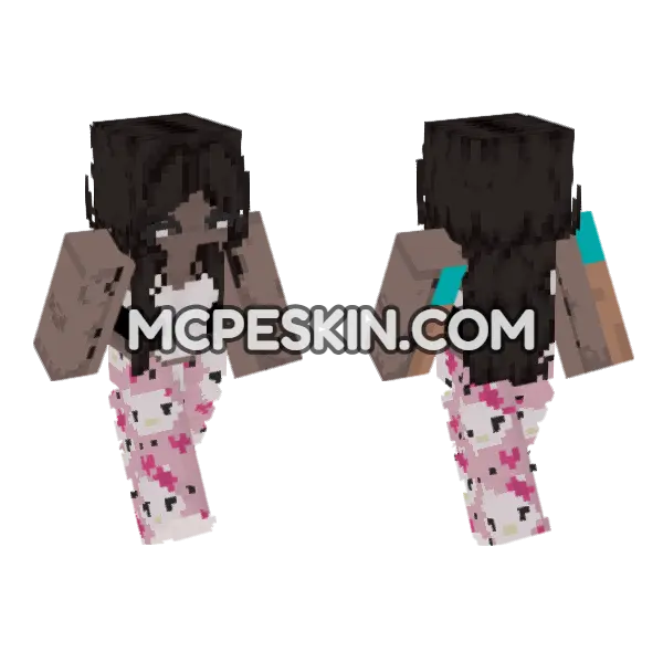 Hello Kitty Pajamas Black Girl Minecraft Bedrock skin, front and back