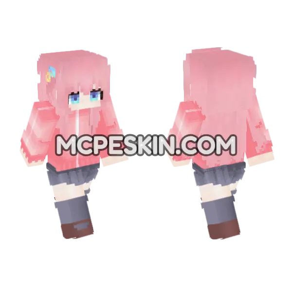 Hitori Gotou Pink Hair Minecraft Bedrock skin, front and back