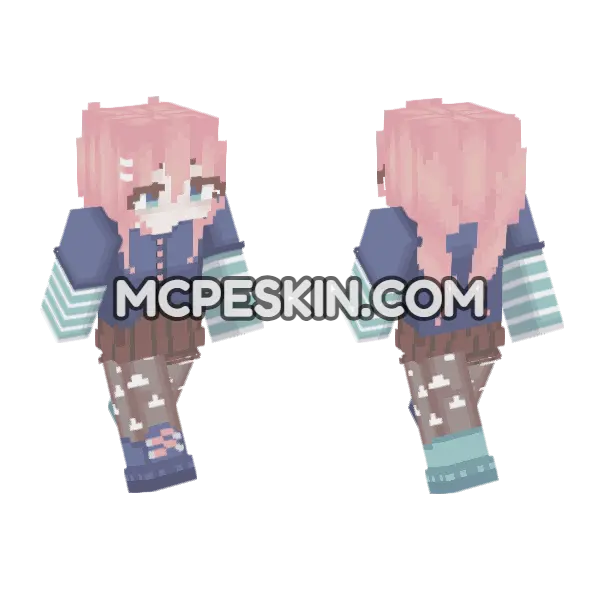 Pink Ponytail Girl Cloud Stockings Minecraft Bedrock skin, front and back