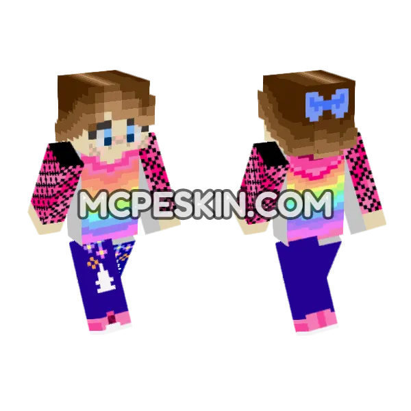 Rainbow Christmas Girl Minecraft Bedrock skin, front and back