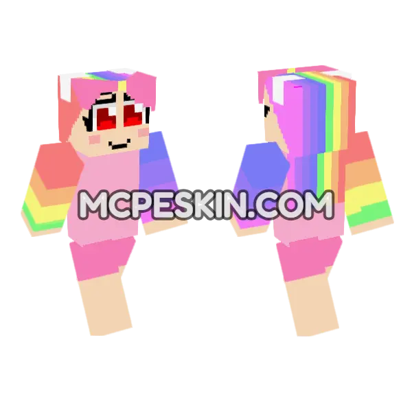 Rainbow Hair Girl Minecraft Bedrock skin, front and back
